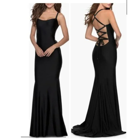 NWT La Femme Satin Trumpet Gown Dress Back Zip 28568 Women's Black Size 14 - Picture 1 of 7